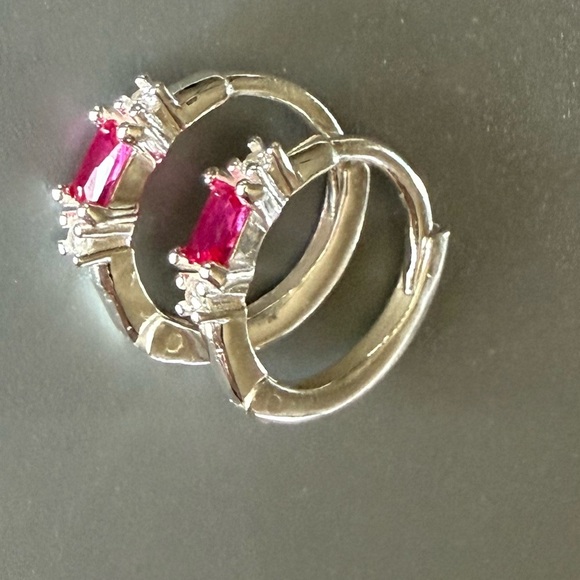 Sterling Silver Ruby Baguette Huggie Hoop Earrings 11mm - Picture 11 of 11
